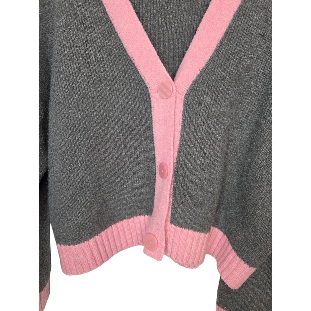 Primark Gray Pink Trim Knit Cardigan Sweater Womens Size L Long Sleeve Casual - Picture 9 of 11